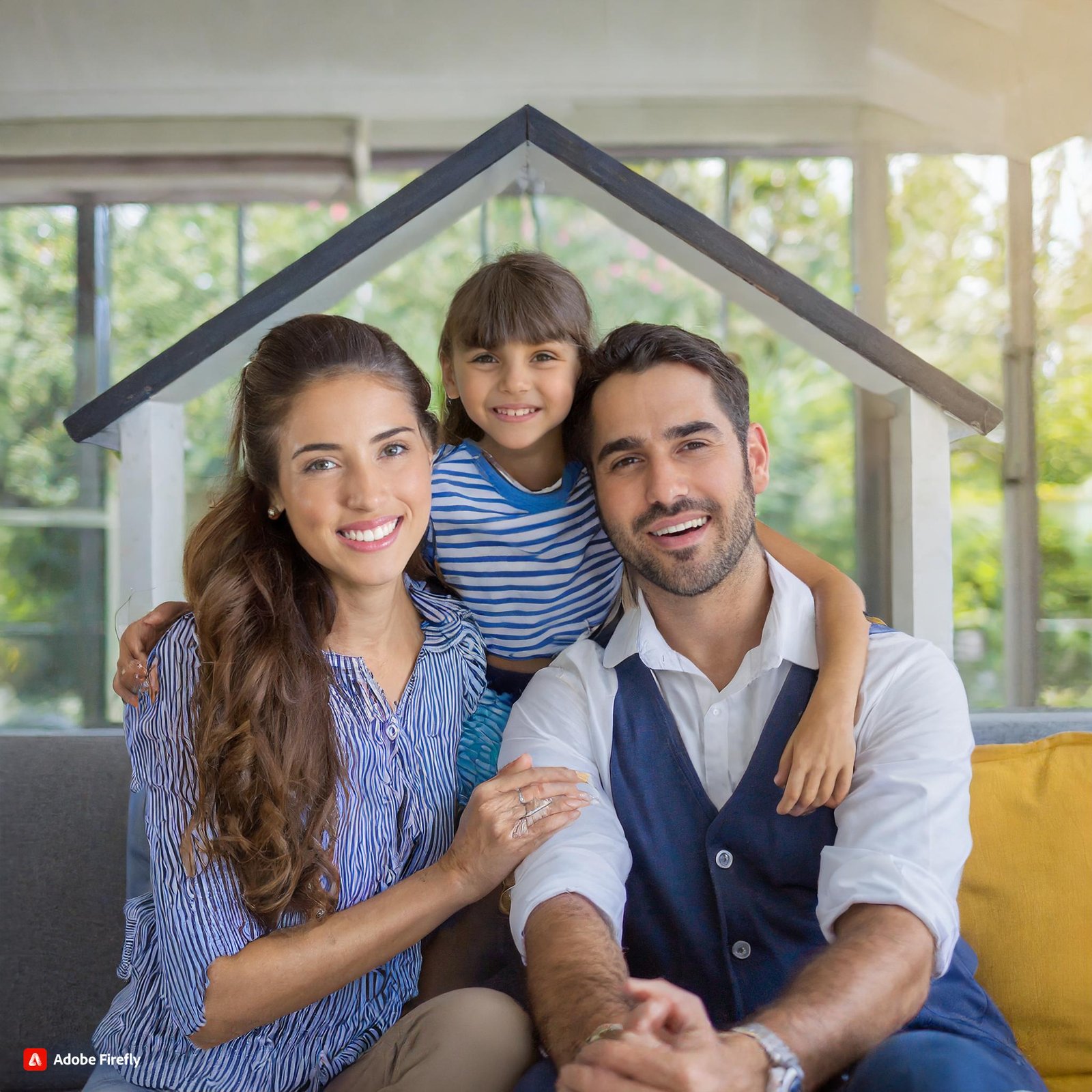 Firefly Image of a happy family sitting in house because of insurance and financial problem; concept